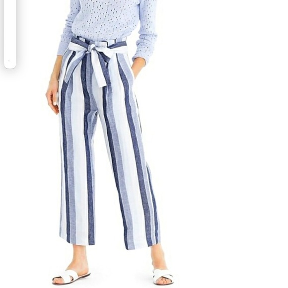 J.Crew Linen Point Sur Blue Stripe Paper Bag Waist Linen Wide Leg Pant